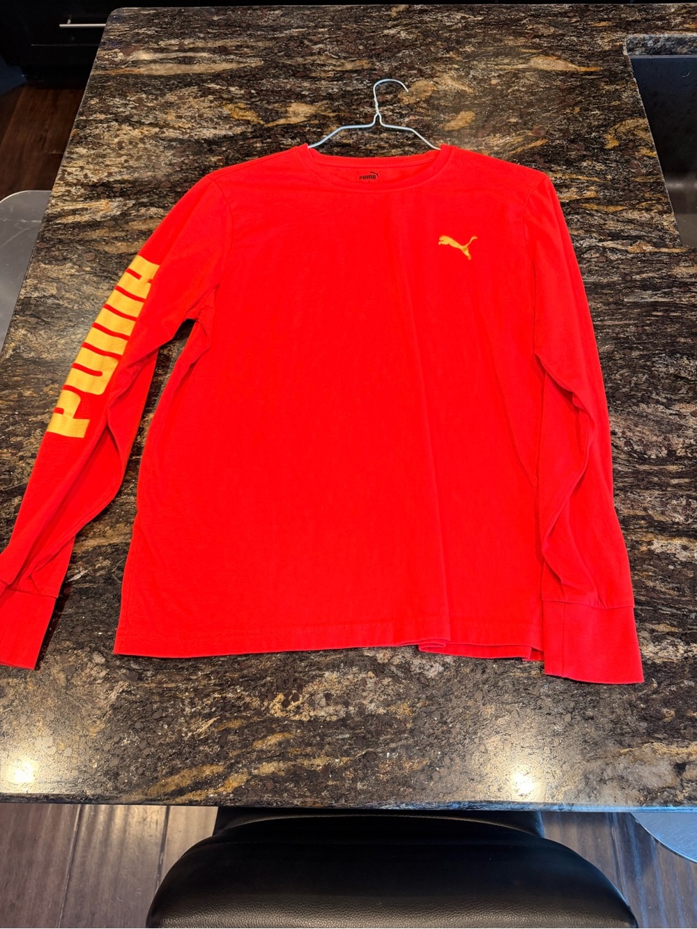 Puma Red Long Sleeve Tee with Gold Logo and Sleeve Print Men’s L
